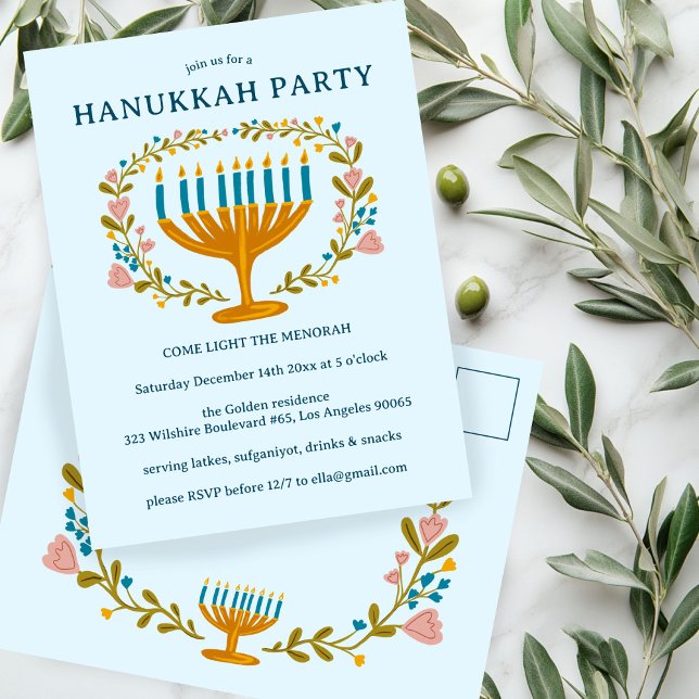 PERSONALIZADO de la corona floral de la invitación (HANUKKAH PARTY Invitation floral wreath CUSTOM Postcard
)