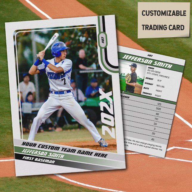 Personalizado de la tarjeta de comercio del jugado (Baseball Player Trading Card in Light Grey with Custom Team Name and Green and Black Elements)