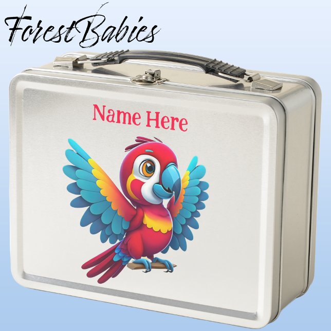 Personalizado de pájaros de lino de macao tropical (Macaw Parrot, Silver ForestBabies Lunch Box)