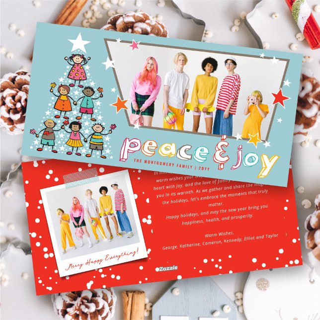 Personalizado de Paz y Alegría de Navidad Árbol ni (Peace & Joy Colorful Cartoon Christmas Tree Kids Fun Photo Holiday Card @ fat_fa_tin)