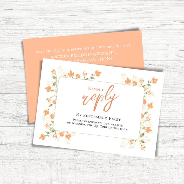 Personalizado de respuesta de boda elegante de Pea (Simple Wedding reply card with a peach floral background and QR code template.)