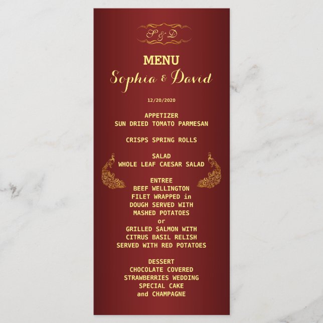 Personalizado del menú Royal Burgundy Gold Peacock (Anverso)