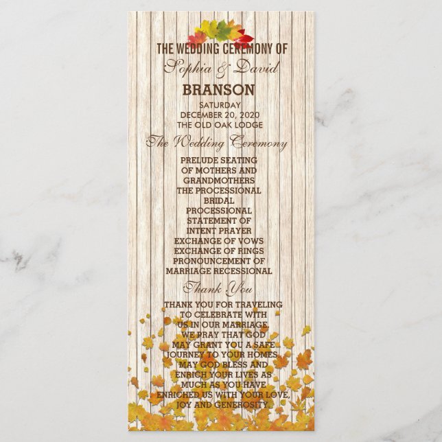 Personalizado del Programa de Boda Caída de Madera (Anverso)