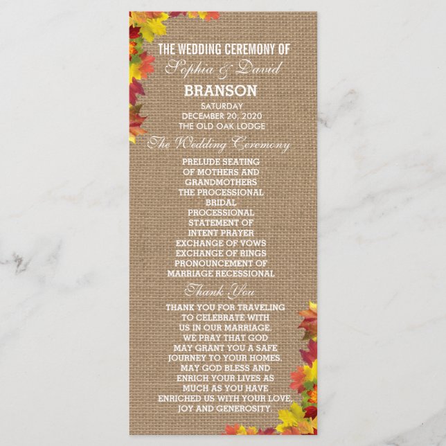 Personalizado del programa de bodas Burlap Fall (Anverso)