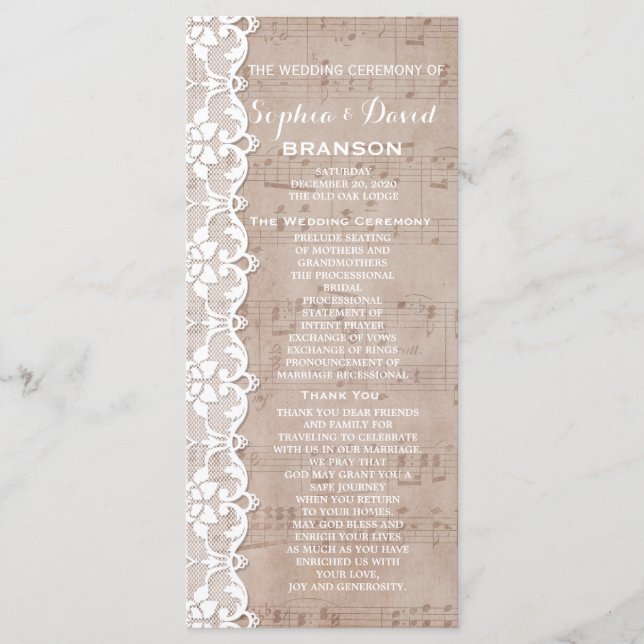 Personalizado del programa de bodas de encaje y ho (Anverso)