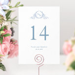 Personalizado, elegante número de tabla del Boda d<br><div class="desc">Ayude a sus huéspedes a encontrar su mesa con este elegante número de tabla monogramado. Tarjetas de doble cara. El espacio despejado alrededor te da la libertad de usar un soporte de mesa o un marco. Atractivo monograma escudo botánico dibujado a mano en tonos azules. Capacidad para realizar cambios en...</div>