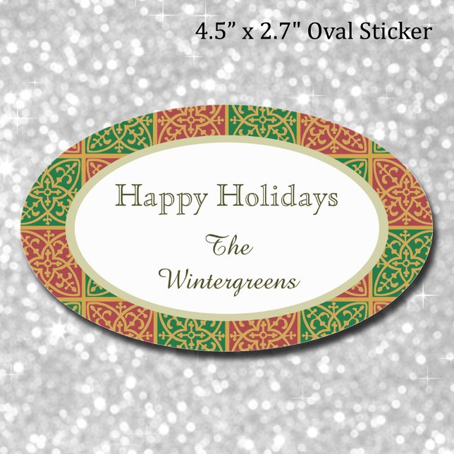 Personalizado elegante Pegatina de regalo de patró (Red Green Fleur-de-Lis Elegant Christmas Holiday Oval Sticker)