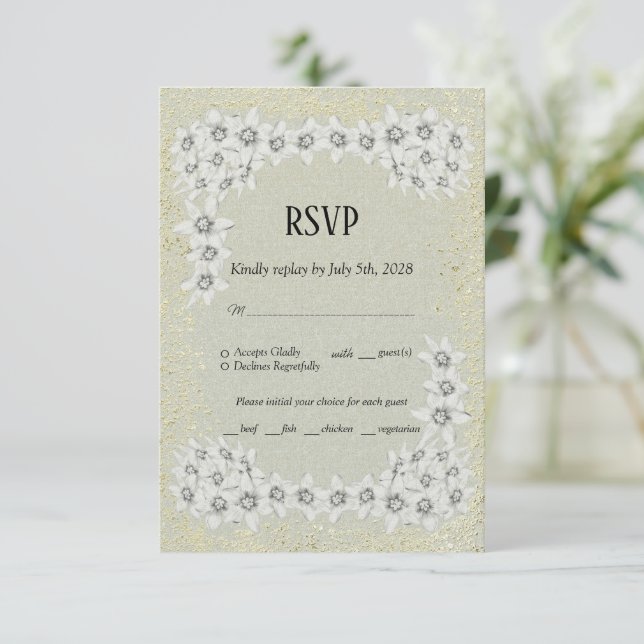 Personalizado elegante tarjeta RSVP de oro floral  (Anverso de pie)