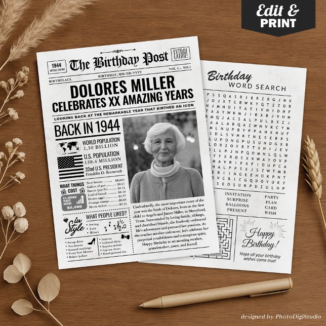 Personalizado en 1944: Tarjeta de cumpleaños de pe (Custom Back in 1944 Newspaper Birthday Card, Trend Holiday Card)