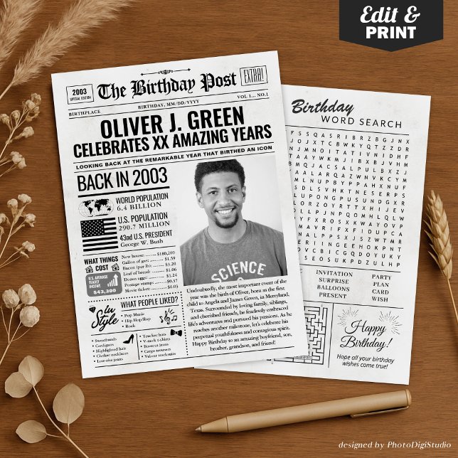 Personalizado en la edición 2003 de la tarjeta de  (Custom Back in 2003 Newspaper Birthday Card, Trend Holiday Card)