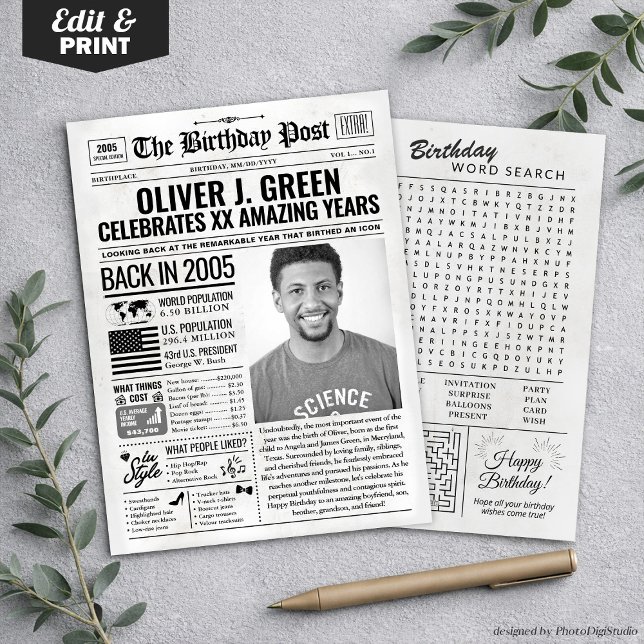 Personalizado en la edición 2005 de la tarjeta de  (Custom Back in 2005 Newspaper Birthday Card, Trend Holiday Card)