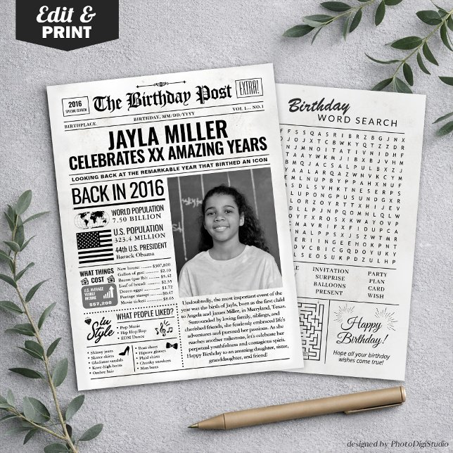 Personalizado en la edición 2016 de la tarjeta de  (Custom Back in 2016 Newspaper Birthday Card, Trend Holiday Card)