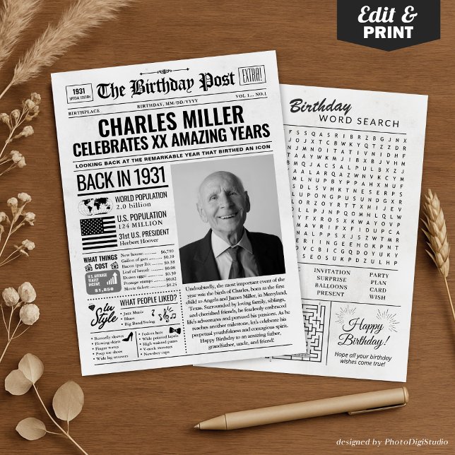 Personalizado en la edición de 1931 de la tarjeta  (Custom Back in 1931 Newspaper Birthday Card, Trend Holiday Card)