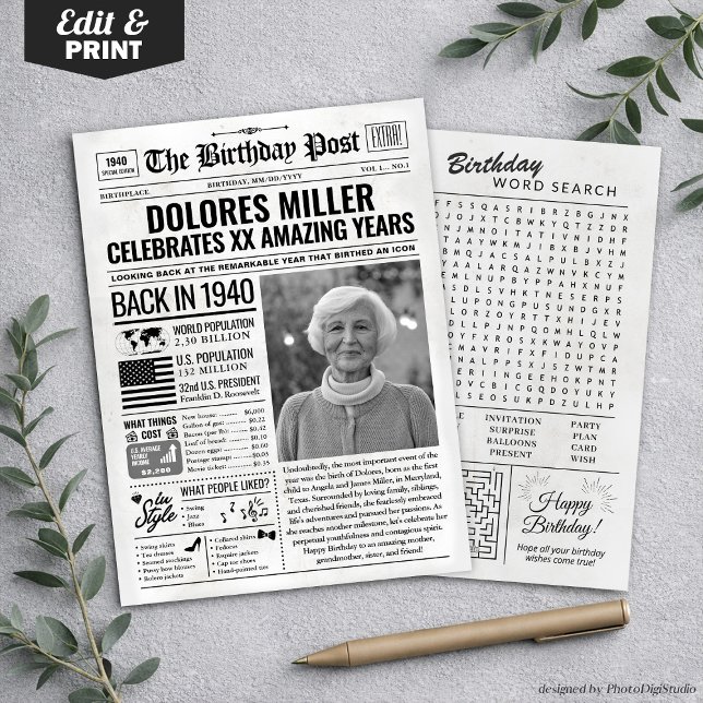 Personalizado en la edición de 1940 de la tarjeta  (Custom Back in 1940 Newspaper Birthday Card, Trend Holiday Card)