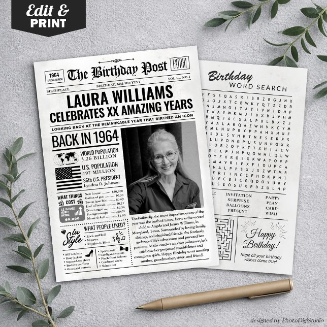 Personalizado en la edición de 1964 de la tarjeta  (Custom Back in 1964 Newspaper Birthday Card, Trend Holiday Card)
