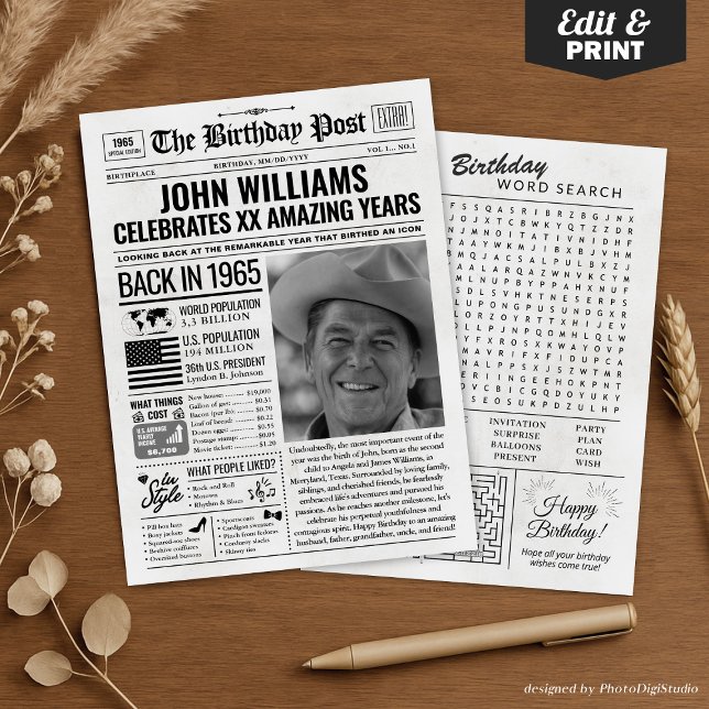 Personalizado en la edición de 1965 de la tarjeta  (Custom Back in 1965 Newspaper Birthday Card, Trend Holiday Card)
