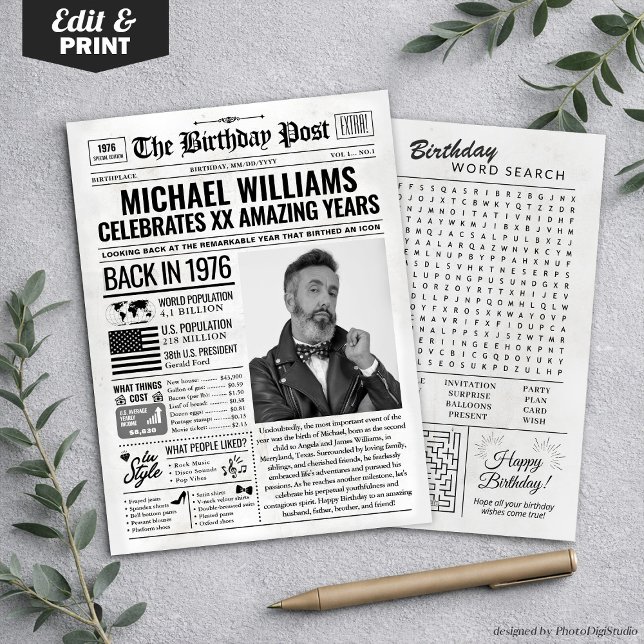 Personalizado en la edición de 1976 de la tarjeta  (Custom Back in 1976 Newspaper Birthday Card, Trend Holiday Card)