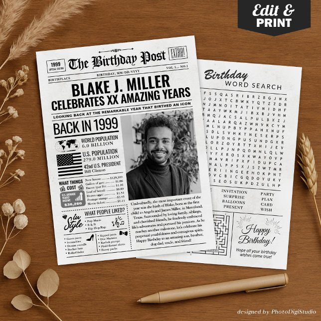 Personalizado en la edición de 1999 de la tarjeta  (Custom Back in 1999 Newspaper Birthday Card, Trend Holiday Card)