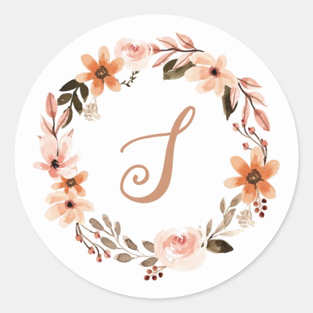 Personalizado floral acuarela Pegatina de monogram (Anverso)