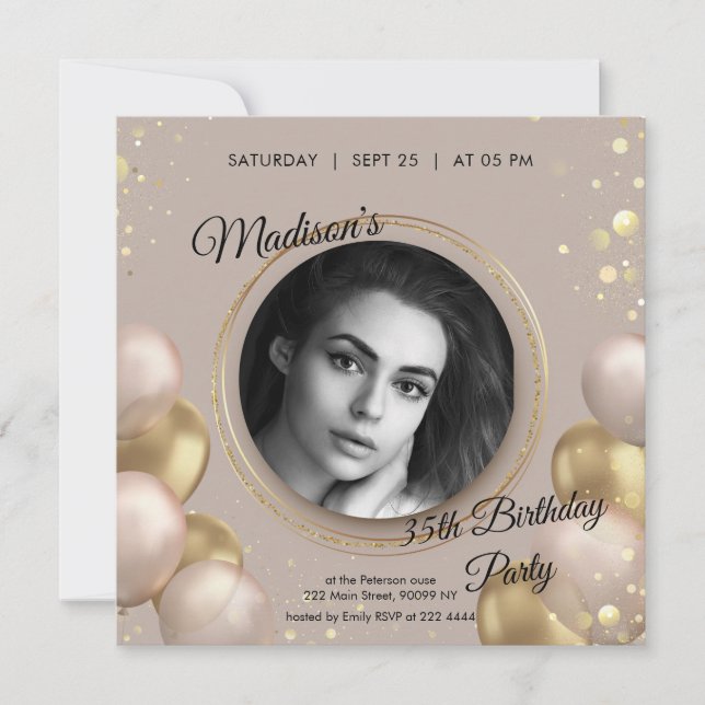 Personalizado Foto Invitación de oro y beige por c (Anverso)