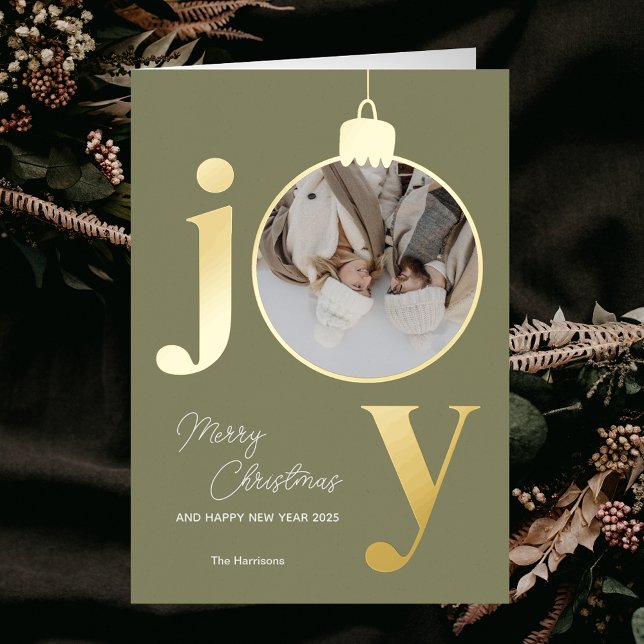 Personalizado Foto JOY Navidades blancos Bell Holi (Custom Photo JOY White Christmas Bell Holiday Foil Greeting Card)
