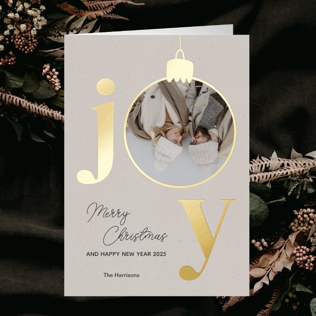 Personalizado Foto JOY Navidades blancos Bell Holi (Custom Photo JOY White Christmas Bell Holiday Foil Greeting Card)