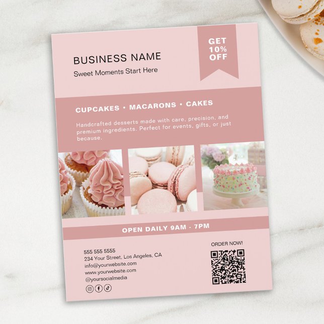 Personalizado Foto QR Panadería Volante Rosa (Custom Photo QR Bakery Pink Flyer)