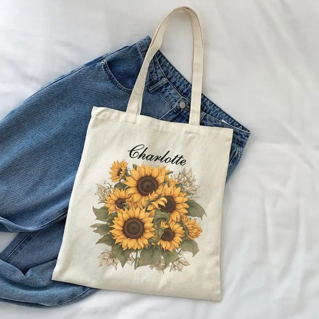 Personalizado girasoles con bolso de té, regalo pa (custom name tote, grandma tote bag, nana gift bag, mom tote, Mother’s Day tote, bridal shower tote)