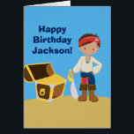 Personalizado Guay Pirate Kids Happy Birday Card<br><div class="desc">Un lindo pirata de pie en una playa al lado de un cofre lleno de oro en la arena al lado del océano. Lleva una bandana como un bucanero genial. Gran regalo personalizado para los niños. Tarjeta hecha por el personalizado con el nombre de su hijo.</div>