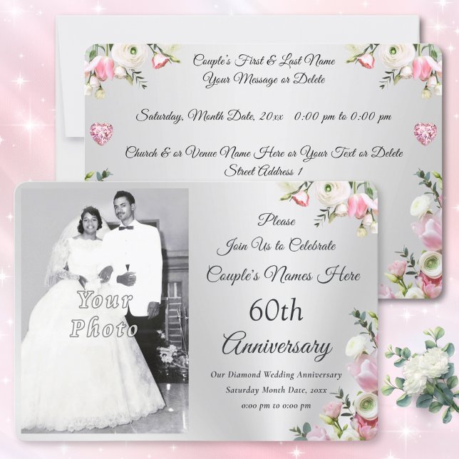 Personalizado, invitaciones a la fiesta del 60° an (Photo, 60th anniversary invitations online. Personalized, Diamond anniversary invitations. Silver.)