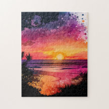 Personalizado Jigsaw Puzzle Watercolor Beach Sunse