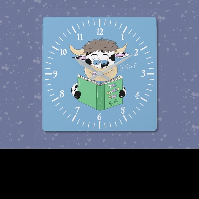 Personalizado leyendo reloj de pared cuadrado azul (Cartoon reading cow blue square wall clock . )