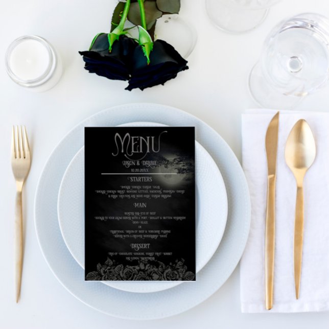 Personalizado Menú Boda gótico floral negro y gris (Subido por el creador)