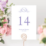 Personalizado, Moda Morado Monograma Boda Número d<br><div class="desc">Ayude a sus huéspedes a encontrar su mesa con este elegante número de tabla monogramado. Tarjetas de doble cara. El espacio despejado alrededor te da la libertad de usar un soporte de mesa o un marco. Atractivo monograma escudo botánico dibujado a mano en tonos malva lavanda. Capacidad para realizar cambios...</div>