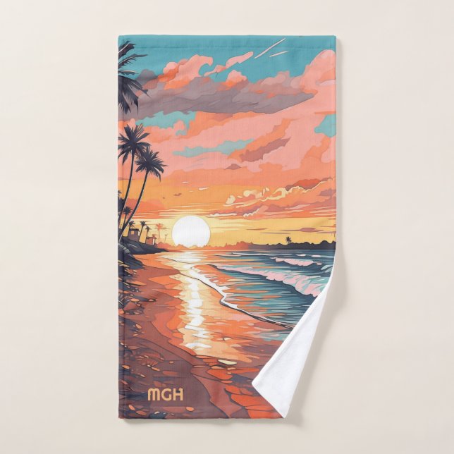 Personalizado Monograma Tropical Beach Sunset (Toalla de mano)