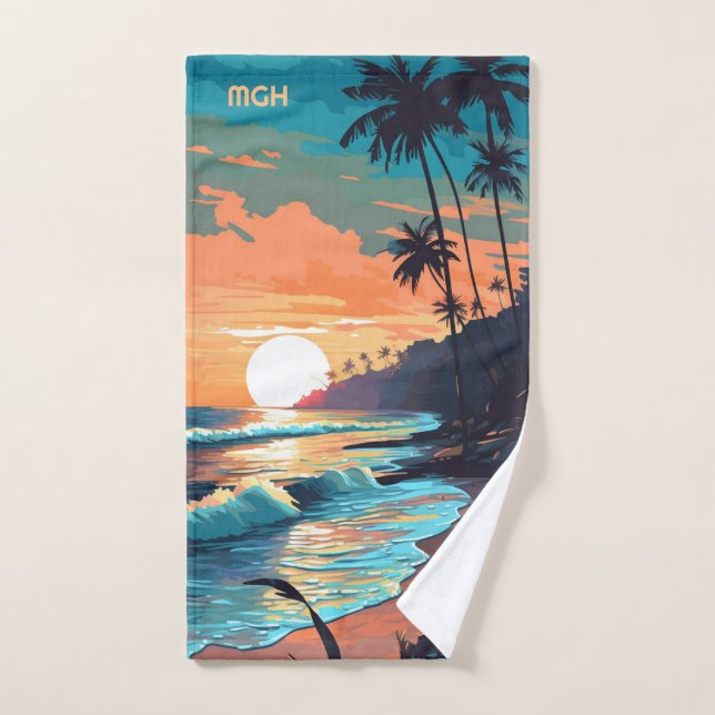 Personalizado Monograma Tropical Beach Sunset (Toalla de mano)