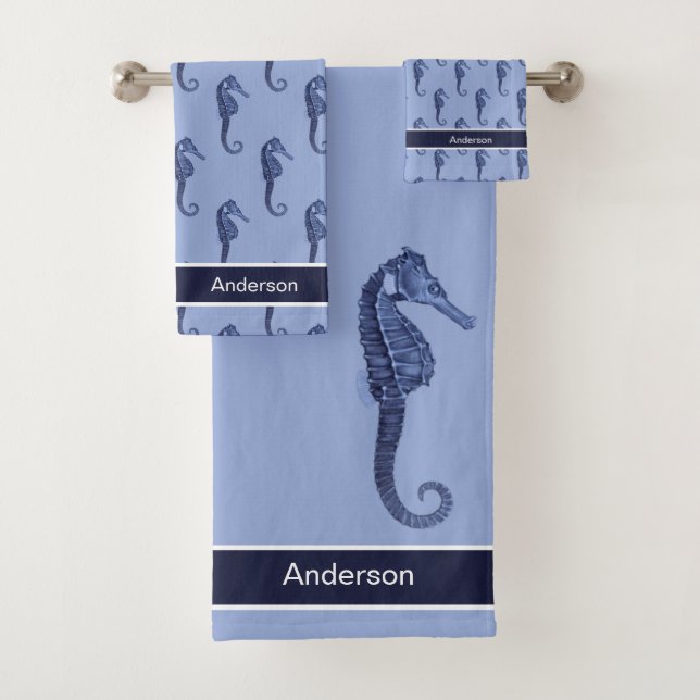 Personalizado Nautical Seahorse Bathroom Blue (In situ)