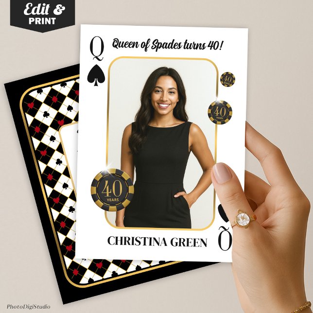 Personalizado Reina de espadas Invitación de cumpl (Custom Queen of Spades Birthday Invite with Photo, Casino Invitation)