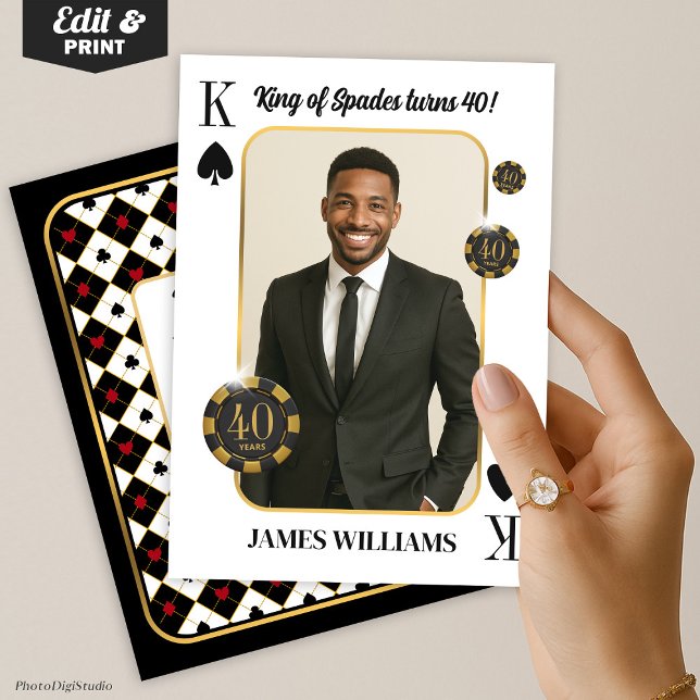 Personalizado Rey de espadas Invitación de cumplea (Custom King of Spades Birthday Invite with Photo, Casino Invitation)