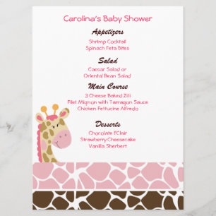 Personalizado rosado de la jungla Menú Baby Shower