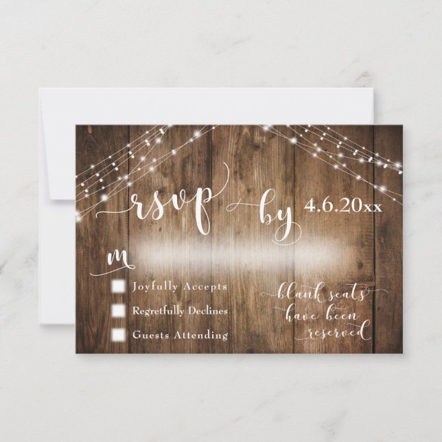 Personalizado Rustic Wood & Lights Wedding RSVP (Anverso)