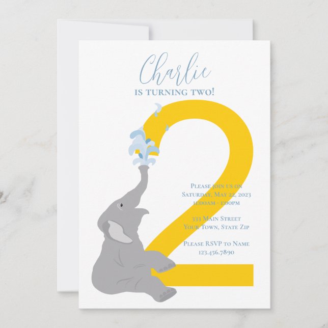 Personalizado Segundo Cumpleaños Invitación a Elef (Anverso)