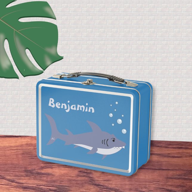 Personalizado Shark Kid Blue Metalizado Lunchbox (Cartoon shark light blue kid metal lunch box with name . )