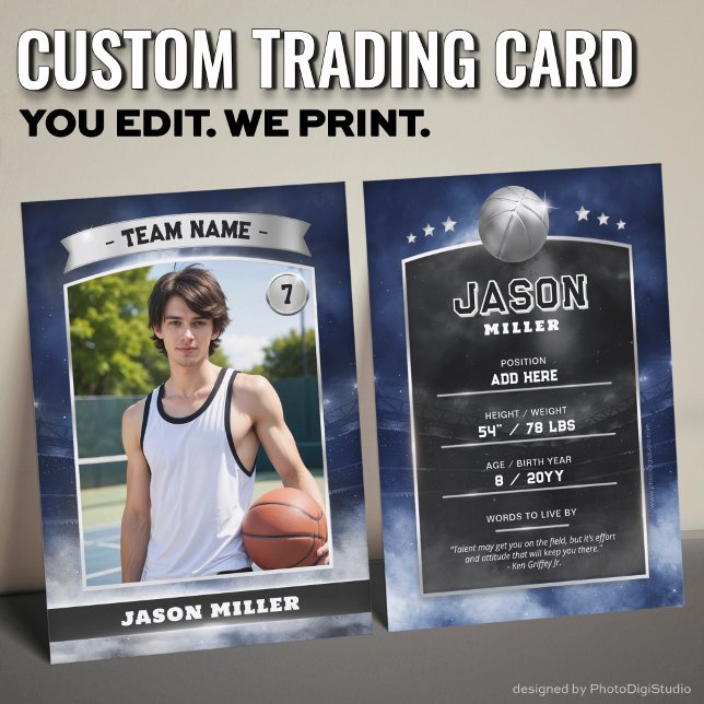 Personalizado Tarjeta de Baloncesto Estadio Blue S (Custom Trading Card, Editable Basketball Trading Card, Modern Blue SIlver Stadium Design)