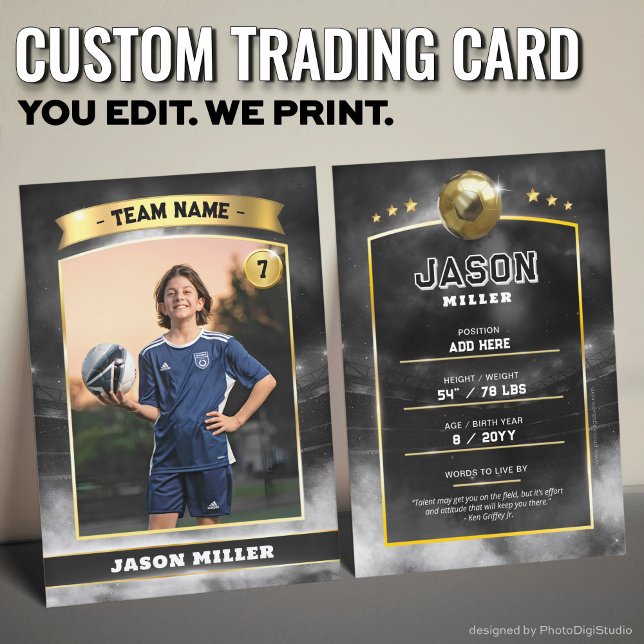 Personalizado Tarjeta de Comercio de Fútbol Estadi (Custom Trading Card, Editable Soccer Trading Card, Modern Black Gold Stadium Design)