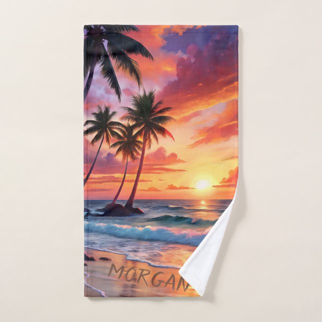 Personalizado Tropical Beach Sunset | Deporte cost (Toalla de mano)