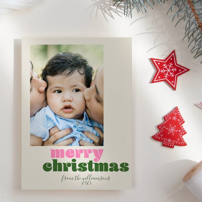 Personalizado verde rosa retro lindo foto navidad (Subido por el creador)