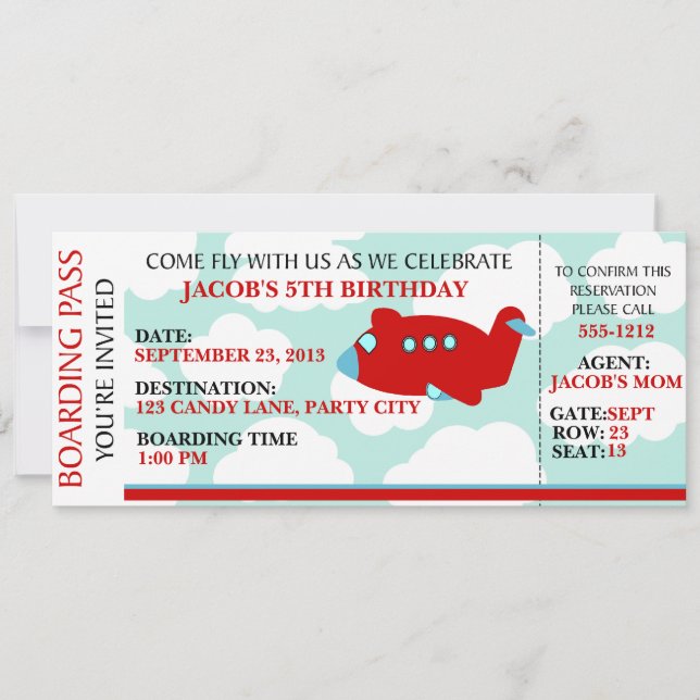 personalizar de invitación de cumpleaños de avión  (Anverso)