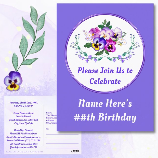 Personalizar pansies, invitaciones de postales de  (Birthday Save the Date Postcards. Cheap Save the Dates. Purple, Lavender Birthday. Pansy Birthday.)