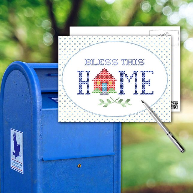 Personalizar Su Postal (Share a bit of home with our "Bless This Home" postcard, featuring an original cross-stitch design. )